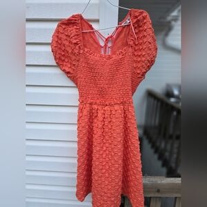Willow & Root Textured Coral Dress with Puff Sleeves Sz Large Buckle